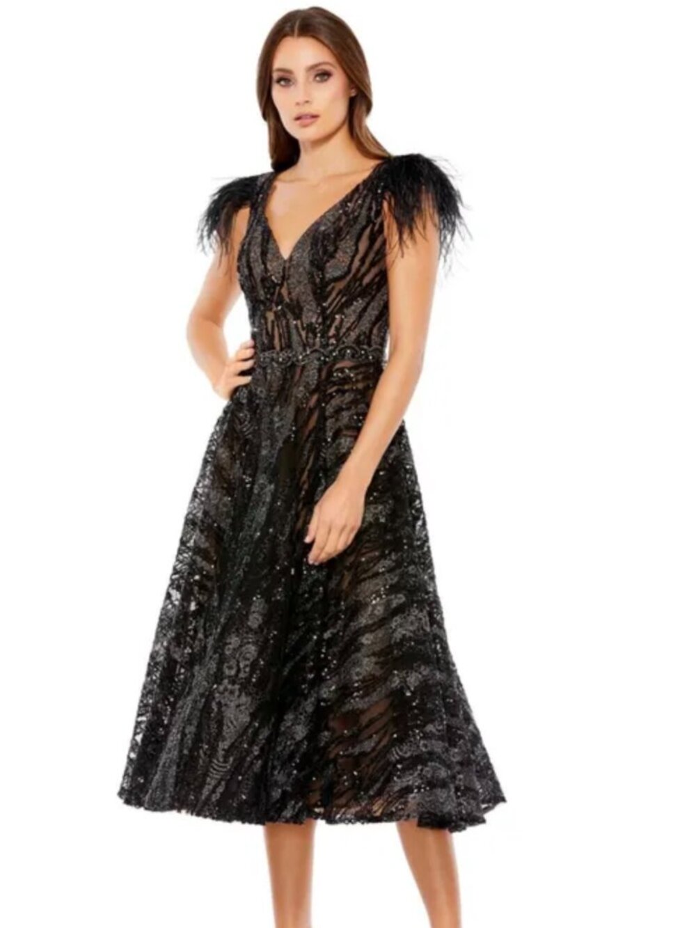 Mac Duggal 79339 Feather Embellished Formal Dress EUC Wedding Guest Gown